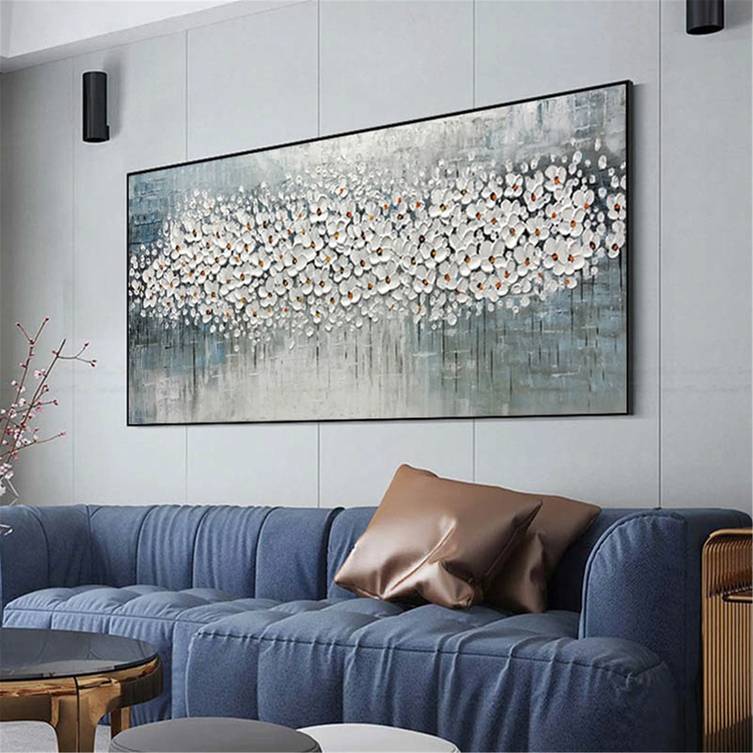 Blue Hand-painted Room Flower Grey Abstract Canvas Artwork 15V6S